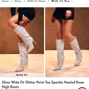 Silver Wide Fit Glitter Point Toe Sparkle Heeled Knee High Boots.